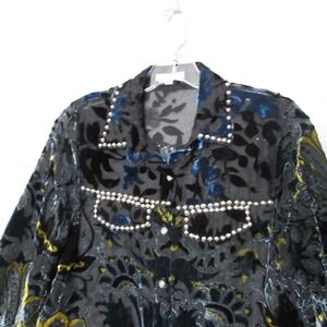 Adore‎ Top Dark Floral Velvet Burnout Studded Whimsigoth Goth Semi Sheer Button
